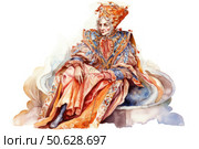 Watercolor illustration of an elderly woman in luxurious historical attire, sitting with dignity and calm. Her costume is decorated with complex patterns, embroidery and multi-layered fabrics in warm shades - orange, scarlet, gold and blue. The image is inspired by Eastern European or fairy-tale motifs, with elements of Russian or Byzantine style. Suitable for book design, theater posters, cultural projects, historical publications and fantasy visuals. Стоковое AI-изображение, AI-художник Анна Кривицкая / Фотобанк Лори