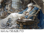 Fantasy illustration of a sage or wizard with a long white beard, immersed in reading ancient books. He sits in a richly decorated carved chair, surrounded by scrolls, manuscripts and ancient artifacts. The interior is dominated by baroque elements, the fabric and draperies create an atmosphere of coziness and grandeur. The painting is imbued with the spirit of knowledge, magic and concentrated wisdom. Стоковое AI-изображение, AI-художник Анна Кривицкая / Фотобанк Лори