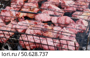 Pork Butt sliced on BBQ. Shish kebab. Pieces of pork on the grid, grilled meat with smoke. Food preparation process. Marinated spiced fillet meat cooked on charcoal barbeque grill. Outdoors cooking. Стоковое видео, видеограф Марина Демидюк / Фотобанк Лори