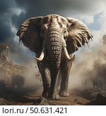 A powerful and dynamic image of an elephant walking straight towards the viewer across the dusty savannah. Its skin is covered with cracks and battle marks, and its mighty tusks emphasize the strength and majesty of the animal. Around it there are clouds of dust, rocks and an anxious atmosphere before a thunderstorm. In the background you can see silhouettes of other elephants and wildlife. The illustration is full of energy, drama and symbolism, perfect for themes of the power of nature, animal protection, documentary materials and art projects about wild Africa. Стоковое AI-изображение, AI-художник Анна Кривицкая / Фотобанк Лори