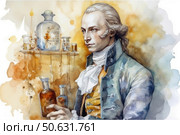 Watercolor illustration in historical style depicting a scientist or alchemist of the 18th century in a laboratory setting. A man with noble features, in an elegant waistcoat and a white neckerchief, concentrates on holding a bottle with a substance. In the background, you can see old flasks, jars and bottles with paint drips, creating an artistic effect. The atmosphere of the image conveys the spirit of the Enlightenment, scientific research and the aesthetics of ancient medicine. Perfect for themes of science, history, alchemy, pharmaceuticals, education and art. Стоковое AI-изображение, AI-художник Анна Кривицкая / Фотобанк Лори