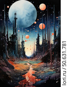 A fantastic illustration in the style of sci-fi and surrealism, depicting an alien landscape with high sharp towers, orange planets against the background of the starry sky and a giant blue moon. A bright lava river flows through the center of the composition, reflecting the light of celestial bodies. Deep perspective and rich colors create a sense of mystery and grandeur of an unearthly world. Ideal for themes of futurism, space, games, book covers, fantasy worlds and digital art. Стоковое AI-изображение, AI-художник Анна Кривицкая / Фотобанк Лори