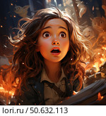 An emotional portrait of a wide-eyed girl with a look of surprise or anxiety on her face. Her hair flutters against a dramatic backdrop of fire, sparks and fantastical creatures, as if taken straight from a fast-paced adventure or magical story. The illustration is done in an expressive artistic style that conveys a sense of tension, discovery and wonder. Suitable for adventure, animation, fantasy, children's literature and creative projects. Стоковое AI-изображение, AI-художник Анна Кривицкая / Фотобанк Лори