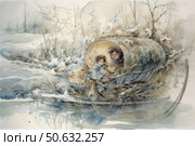 A fairytale style watercolor illustration depicting a winter landscape with snow-covered trees and a river. In the center of the scene is a fantasy sleigh filled with hay and decorated with details of branches and foliage. Inside sit a woman and a child, wrapped in warm clothes, with an expression of calm and light thoughtfulness. The warm light inside the sleigh contrasts with the cool colors of the surrounding winter forest. The illustration conveys a sense of coziness, travel and the magic of the winter forest. Стоковое AI-изображение, AI-художник Анна Кривицкая / Фотобанк Лори