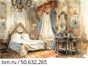 Watercolor illustration of a luxurious bedroom in a classic palace style. The interior is filled with exquisite details: curved carved furniture with gilding, an antique mirror, an elegant dressing table with bouquets of flowers, heavy draperies on the windows and a crystal chandelier. Warm daylight softly illuminates the bed with a high headboard and a lush bedspread. The atmosphere radiates coziness, elegance and nobility of the old era. Ideal for decorating themes about luxury, architecture, interior and historical art. Стоковое AI-изображение, AI-художник Анна Кривицкая / Фотобанк Лори