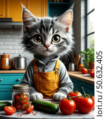 Антропоморфный котенок-повар консервирует овощи на кухне. Стоковое AI-изображение, AI-художник Margo / Фотобанк Лори