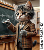 Кот-преподаватель у доски в классной комнате. Стоковое AI-изображение, AI-художник Margo / Фотобанк Лори
