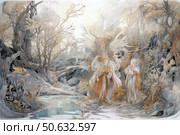 A fantastical watercolour illustration depicting a fairytale forest landscape with two graceful characters in the centre. One is a majestic woman in an elaborate crown and richly decorated robes, the other is an old man with a long beard holding a staff. Around them are twisting trees, magical plants and a mysterious pond reflecting the sky. The illustration is permeated with fine lines, soft colours and a sense of magic. The work is done in a fantasy style, with elements of Art Nouveau and a medieval fairy tale. Стоковое AI-изображение, AI-художник Анна Кривицкая / Фотобанк Лори