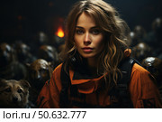 Portrait of a young woman in an orange rescue or technical suit, with headphones around her neck. In the background is a mysterious scene with many bronze or metal animal statues, illuminated by a soft fiery light. The atmosphere of the image combines elements of science fiction, post-apocalypse and dramatic cinematic style. In the lower left corner is a wary dog, as if accompanying the heroine. The work stands out for its cinematic chiaroscuro composition and elaborate detailing. Стоковое AI-изображение, AI-художник Анна Кривицкая / Фотобанк Лори