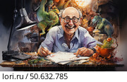 A bright and detailed illustration with a humorous mood, depicting an elderly artist surrounded by fantastic creatures and dinosaurs, bursting from his imagination straight onto the paper. The artist is sitting at a disorderly work table, illuminated by a lamp, drawing enthusiastically, smiling widely. The scene is filled with warmth, inspiration and creative chaos, conveying the joy of the process of creation. Great for themes related to creativity, inspiration, art, as well as educational and entertaining materials. Стоковое AI-изображение, AI-художник Анна Кривицкая / Фотобанк Лори
