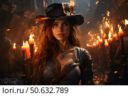 A mysterious girl in the image of a pirate or adventurer stands against the background of a dark hall, illuminated by many burning candles. She is wearing leather clothes in a fantasy style, a wide-brimmed hat on her head. The light from the fire softly illuminates her hair and face, emphasizing her expressive look and a romantic atmosphere of adventure. The illustration is made in a cinematic and artistic style, evoking associations with fantasy and adventure. Стоковое AI-изображение, AI-художник Анна Кривицкая / Фотобанк Лори