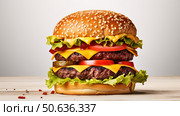 cheese burger on a white table ai generated. Стоковое AI-изображение, AI-художник Vectorwin / Фотобанк Лори