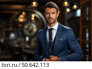 Elegant businessman buttoning suit in industrial chic restaurant. Стоковое AI-изображение, AI-художник Иван Рябоконь / Фотобанк Лори