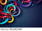 Colorful abstract background with swirls, curls, and spheres on dark blue. Стоковое AI-изображение, AI-художник Иван Рябоконь / Фотобанк Лори