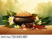 Traditional clay pot overflowing with sweet pongal, celebrating the harvest festival. Стоковое AI-изображение, AI-художник Иван Рябоконь / Фотобанк Лори