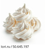 French meringues creating a sweet culinary masterpiece on white background. Стоковое AI-изображение, AI-художник Иван Рябоконь / Фотобанк Лори