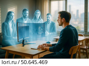 Мужчина в комнате за столом перед монитором компьютера. За столом в комнате голограммы людей. Современные технологии, переговоры, коммуникация. Дистанционное общение, виртуальная встреча. Стоковое AI-изображение, AI-художник Sergei Gorin / Фотобанк Лори