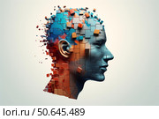 Pixelated head dissolving into colorful cubes symbolizing memory loss. Стоковое AI-изображение, AI-художник Иван Рябоконь / Фотобанк Лори