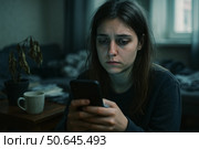 Девушка с депрессивным состоянием, с плохим внешним видом, усталостью и апатией. Со смартфоном в руке сидит в соцсетях. В комнате грязно, бардак. Зависимость от соцсетей. Стоковое AI-изображение, AI-художник Sergei Gorin / Фотобанк Лори