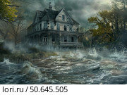 Haunted house flooding during storm with rain and rough sea. Стоковое AI-изображение, AI-художник Иван Рябоконь / Фотобанк Лори
