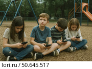 Дворовые дети сидят на детской площадке со смартфонами летом. мальчики и девочки залипли в соцсетях. Зависимость от гаджетов. Стоковое AI-изображение, AI-художник Sergei Gorin / Фотобанк Лори