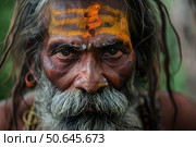 Indian sadhu showing traditional face painting. Стоковое AI-изображение, AI-художник Иван Рябоконь / Фотобанк Лори
