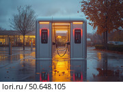 Electric Vehicle and Bus Charging Points. Shot of modern electric power charging station for EV, PHEV and HEV near store. Charging Station Electric Car Charging Station. Стоковое AI-изображение, AI-художник Ирина Михайличенко / Фотобанк Лори