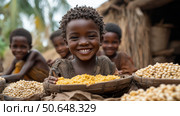 The problem of poverty and inequality. Happy African kids eating some sorghum porridge in village outdoor. Стоковое AI-изображение, AI-художник Ирина Михайличенко / Фотобанк Лори
