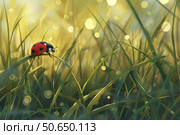 Ladybug walking on grass blade in summer meadow. Стоковое AI-изображение, AI-художник Иван Рябоконь / Фотобанк Лори