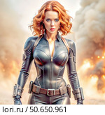 Black Widow in a Leather Suit Stands in Front of a Fiery Explosion. Generative AI. Стоковое AI-изображение, AI-художник Roman Zavorotny / Фотобанк Лори