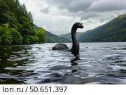 Loch ness monster swimming in loch ness lake, scotland, united kingdom. Стоковое AI-изображение, AI-художник Иван Рябоконь / Фотобанк Лори