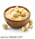 Macadamia nut butter in wooden bowl with macadamia nuts. Стоковое AI-изображение, AI-художник Иван Рябоконь / Фотобанк Лори