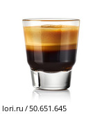 Glass with layered espresso macchiato coffee showing perfect crema on white background. Стоковое AI-изображение, AI-художник Иван Рябоконь / Фотобанк Лори