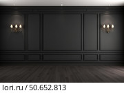 Classic black empty room with wall sconces and wooden floor. Стоковое AI-изображение, AI-художник Иван Рябоконь / Фотобанк Лори