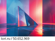 Glass prism refracting light in abstract blue and red room. Стоковое AI-изображение, AI-художник Иван Рябоконь / Фотобанк Лори