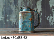 Old rusty blue metal can standing on wooden surface. Стоковое AI-изображение, AI-художник Иван Рябоконь / Фотобанк Лори