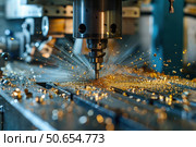 Metalworking cnc milling machine cutting metal shavings with coolant. Стоковое AI-изображение, AI-художник Иван Рябоконь / Фотобанк Лори