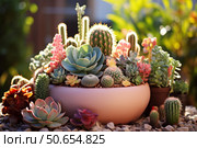 Beautiful colorful succulents and cacti growing in a pink pot outdoors. Стоковое AI-изображение, AI-художник Иван Рябоконь / Фотобанк Лори