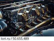 Powerful custom car engine showing pistons, filters, and exhaust pipes. Стоковое AI-изображение, AI-художник Иван Рябоконь / Фотобанк Лори