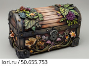 Wooden chest decorated with polymer clay flowers and mushrooms exhibiting fine craftsmanship. Стоковое AI-изображение, AI-художник Иван Рябоконь / Фотобанк Лори