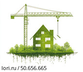 A crane is lifting a house into the air. Стоковое AI-изображение, AI-художник Ярославский Максим / Фотобанк Лори