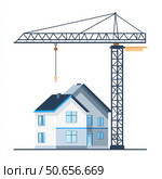 A crane is lifting a house. Стоковое AI-изображение, AI-художник Ярославский Максим / Фотобанк Лори