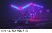 Neon gas station and retro car. Cyberpunk fog rain and night. Colour reflections on asphalt. Dodge Charger Daytona Hemi. 3d illustration. 4K video. Стоковая анимация, аниматор Николай Евсюков / Фотобанк Лори