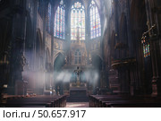 Sunbeams lighting up interior of gothic cathedral with crucifix and stained glass windows. Стоковое AI-изображение, AI-художник Иван Рябоконь / Фотобанк Лори