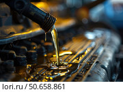 Mechanic pouring new motor oil into engine at repair shop. Стоковое AI-изображение, AI-художник Иван Рябоконь / Фотобанк Лори
