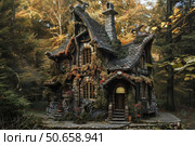 Fairytale cottage nestled in enchanted forest during autumn. Стоковое AI-изображение, AI-художник Иван Рябоконь / Фотобанк Лори