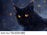 Black cat with glowing eyes starring in snowy night, digital painting. Стоковое AI-изображение, AI-художник Иван Рябоконь / Фотобанк Лори