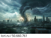 Devastating tornado destroying modern city under stormy sky. Стоковое AI-изображение, AI-художник Иван Рябоконь / Фотобанк Лори