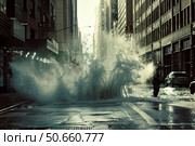 Water main break flooding new york city street. Стоковое AI-изображение, AI-художник Иван Рябоконь / Фотобанк Лори