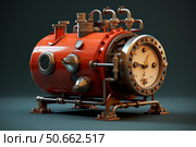 Steampunk time machine exhibiting retrofuturistic design and metallic intricacies. Стоковое AI-изображение, AI-художник Иван Рябоконь / Фотобанк Лори